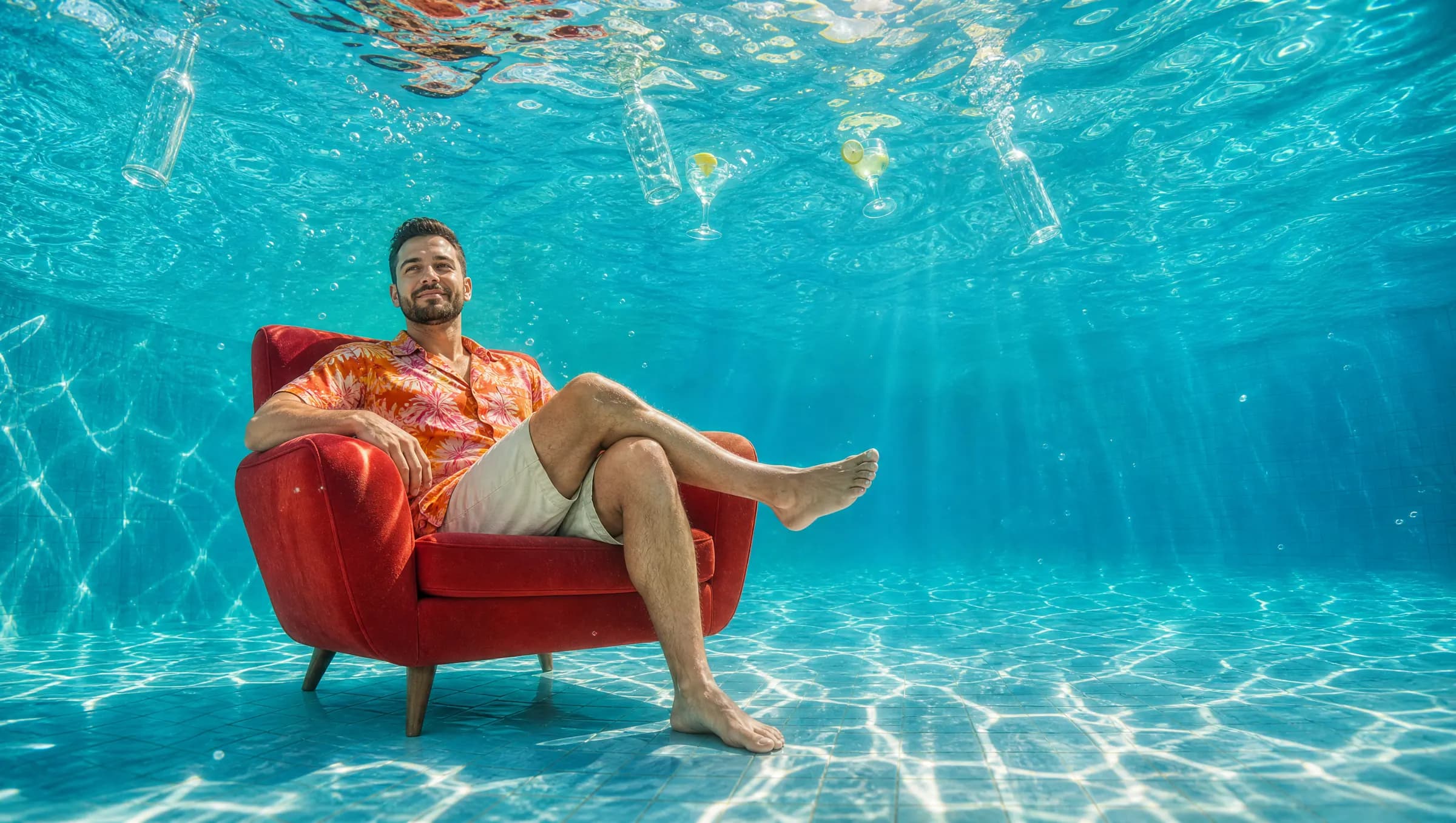 A man in a tropical shirt sitting back in a red armchair at the bottom of a sunlit swimming pool