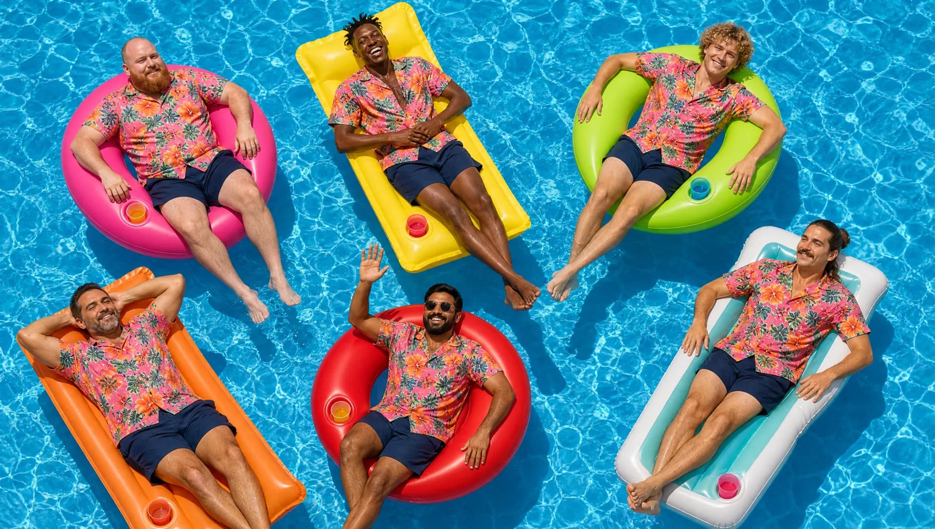 Six men in matching tropical shirts lying back on bright inflatables in a blue pool, seen from above