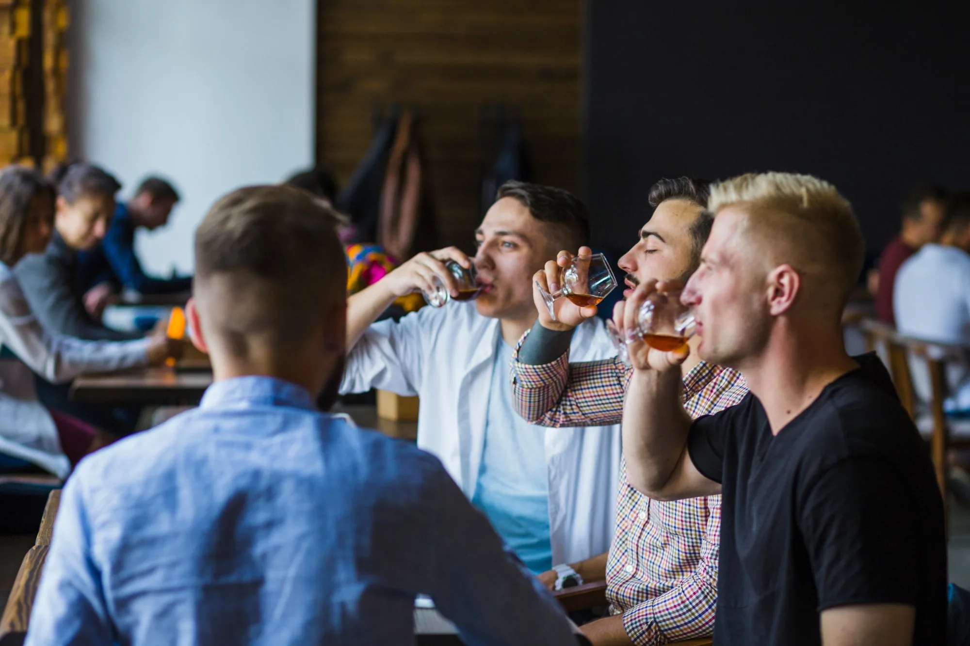 A group of men sitting together in a bar, three of them drinking from small glasses