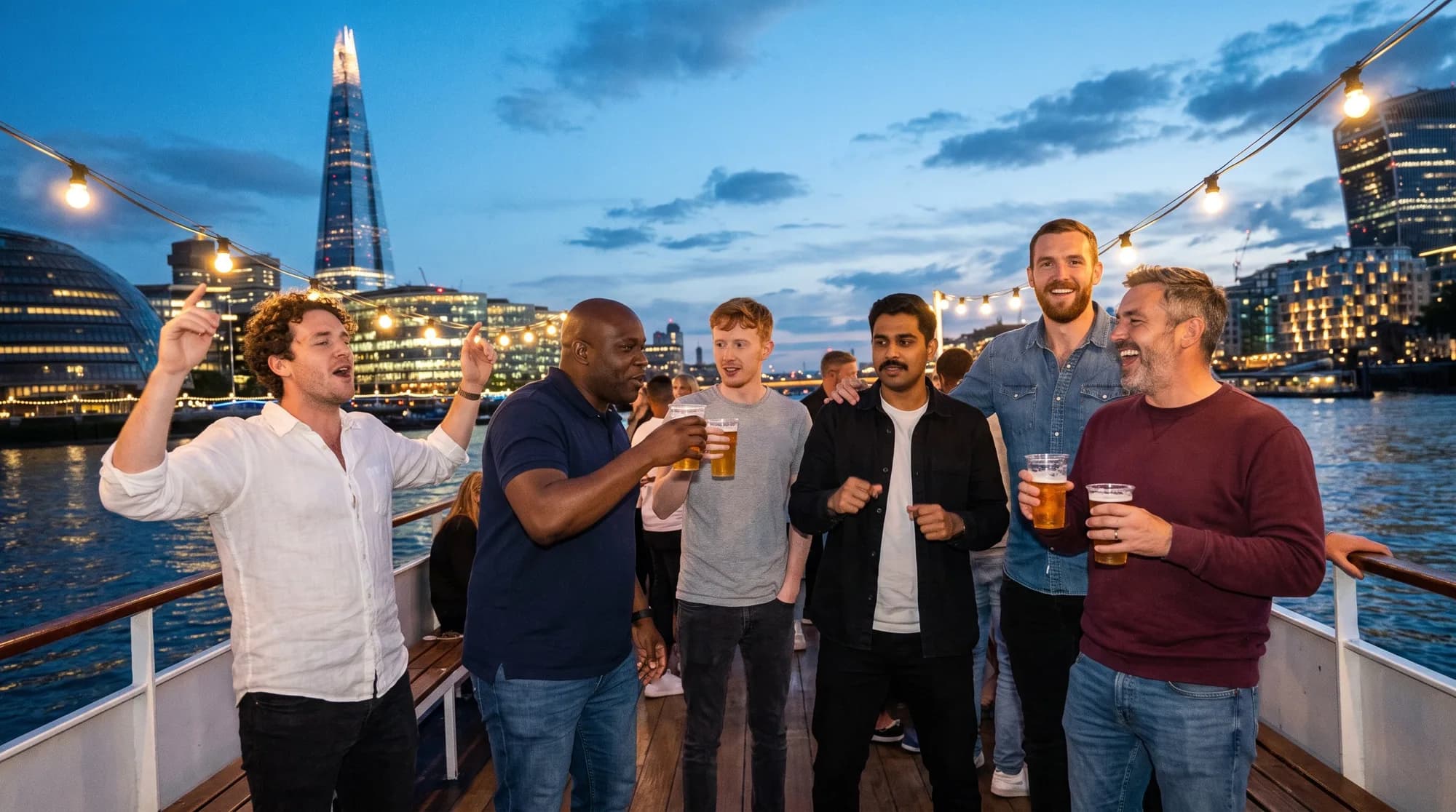 A group of friends with pints on a boat on the Thames at dusk, the Shard lit up behind them